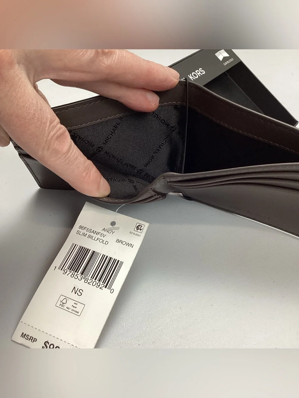 Michael Kors Andy Slim Billfold Wallet Brown Leather New in Box Retail $98